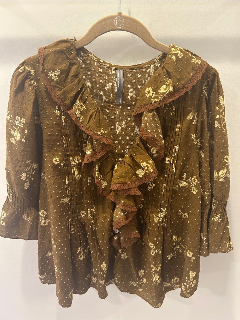 Anthropologie Brown Floral Ruffle Blouse